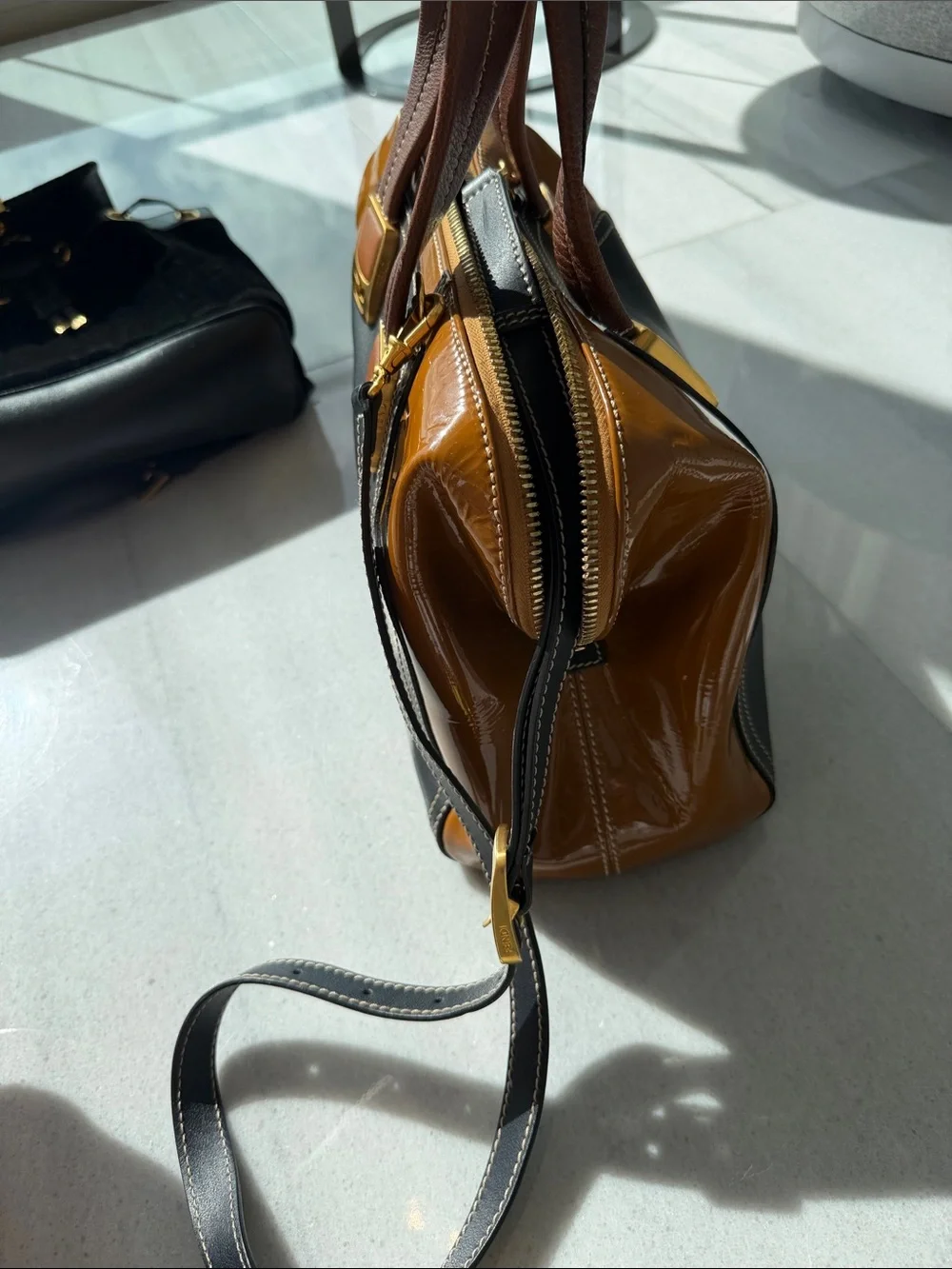 Fendi Black and Brown Patent Leather Top-Handle Satchel
